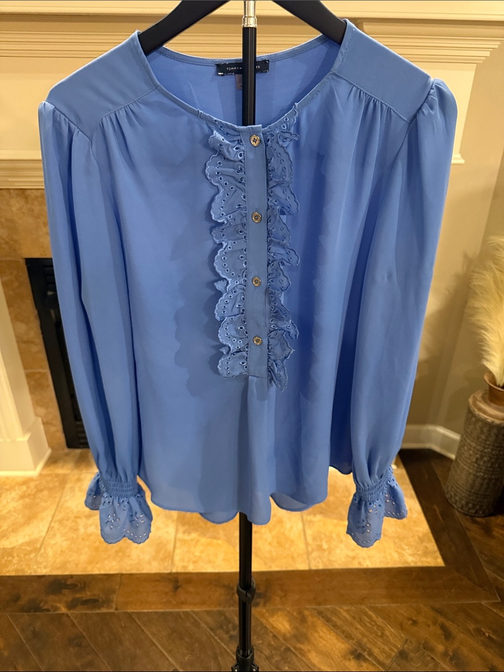 Tommy Hilfiger Light Blue Eyelet Ruffle Button-Front Blouse